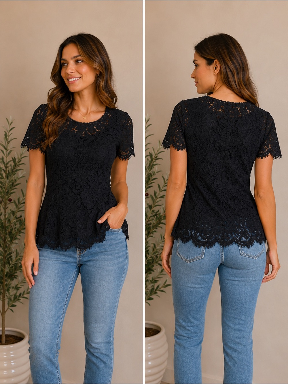 439. Isaac Mizrahi Black Lace Top Mid Length XS